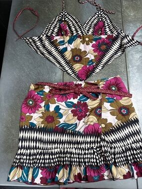 Nicole Miller Floral Print Two-Piece Skirt Set in Magenta, Teal, Olive & Black